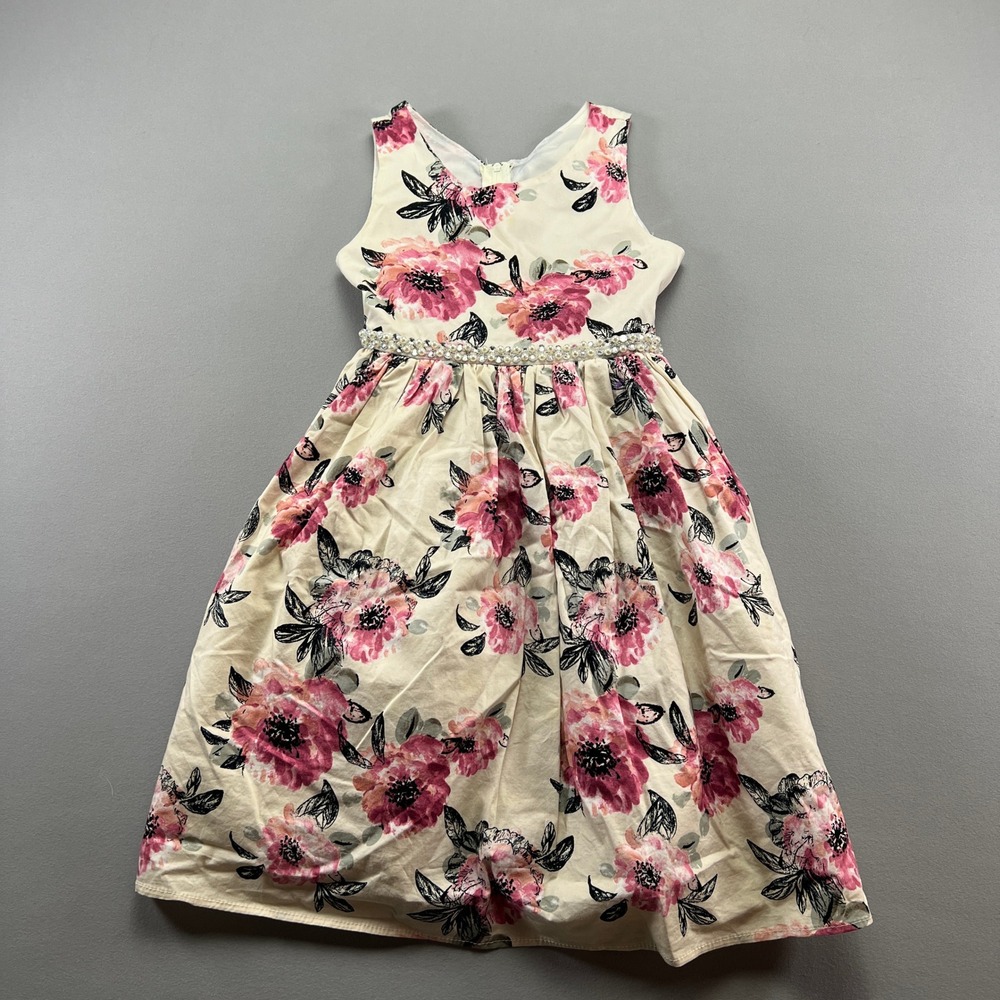 Just Kids A Line Dress Girls 6 Multicolor Floral Cotton Pleated Pearl Tie Waist
